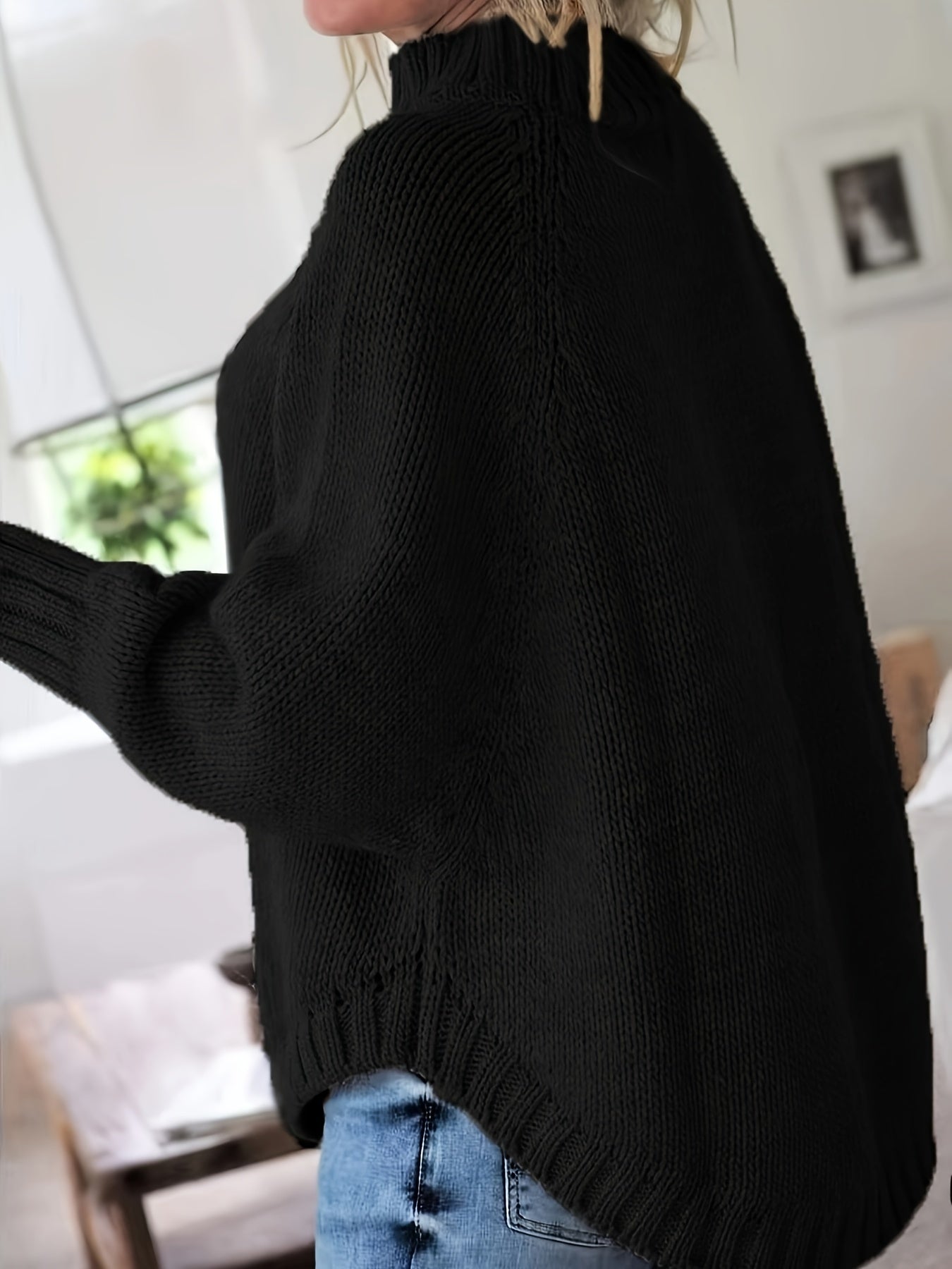 Cable Mock Neck Sweater, Vintage Batwing Sleeve Curved Hem Sweater, Women's Clothing
