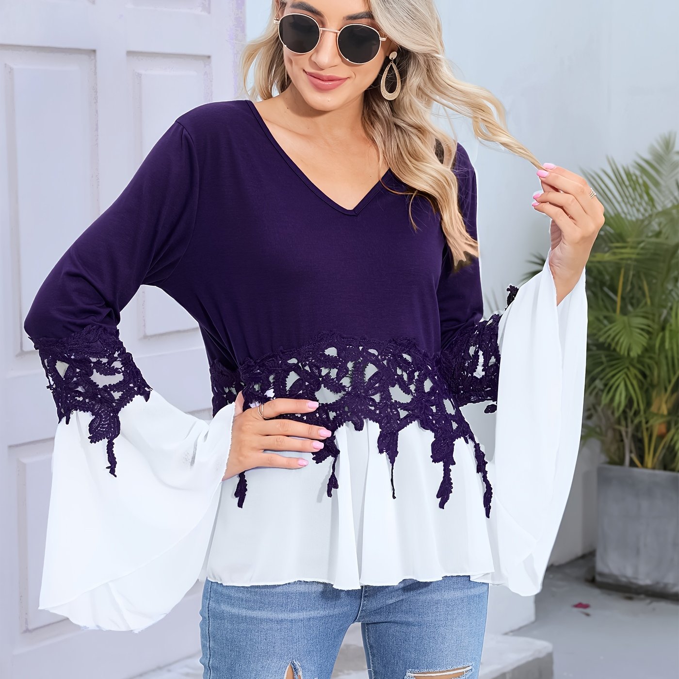 vlovelaw Women's Layered Floral Lace Top, Long Sleeve V-Neck Shirts, Elegant Stylish Knitted Tops, Women's Clothing