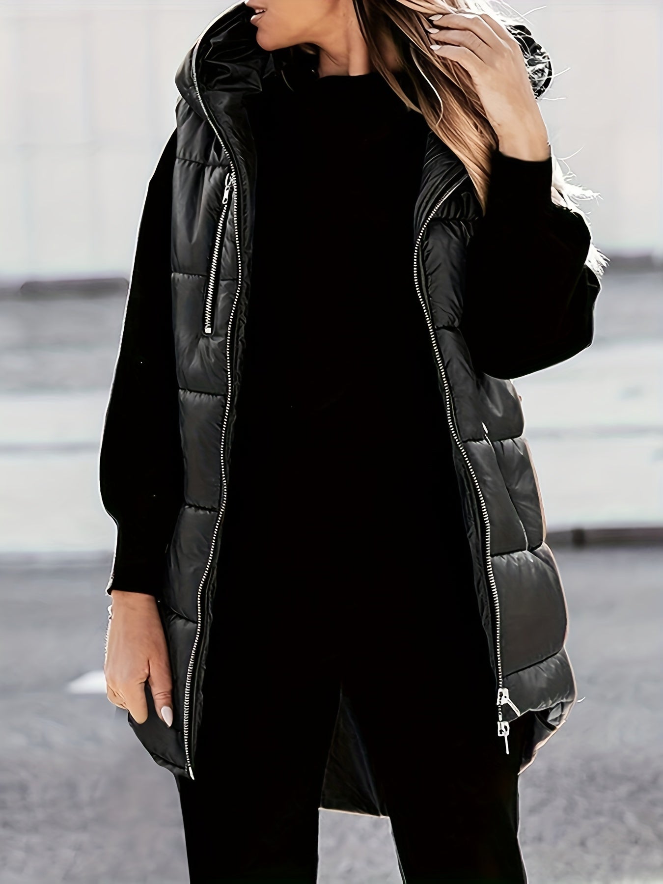 vlovelaw Sleeveless Oversized Parka, Zip Up Solid Casual Outwear For Winter & Fall, Women's Clothing