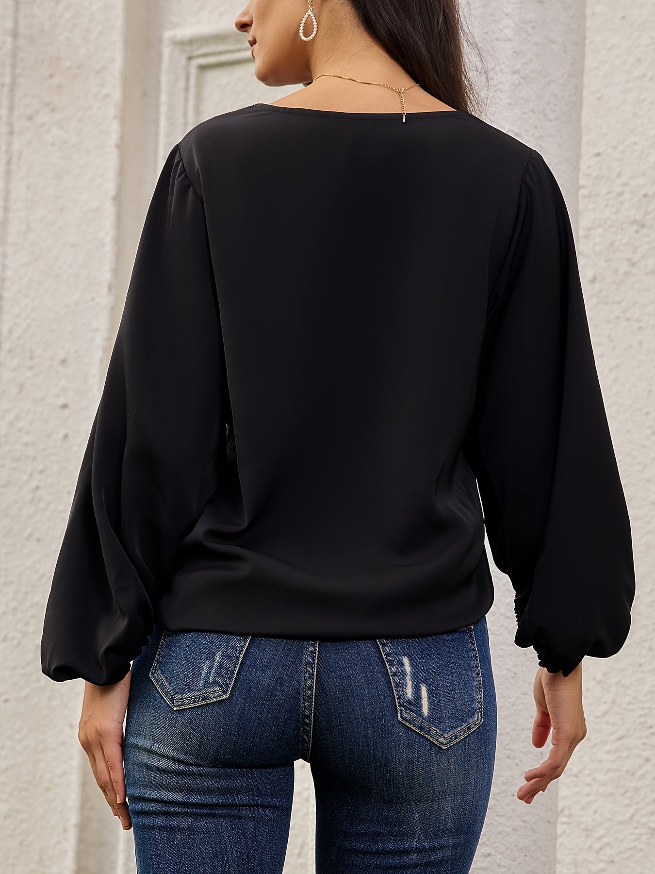 Solid V Neck Blouse, Elegant Lantern Sleeve Blouse For Spring & Fall, Women's Clothing
