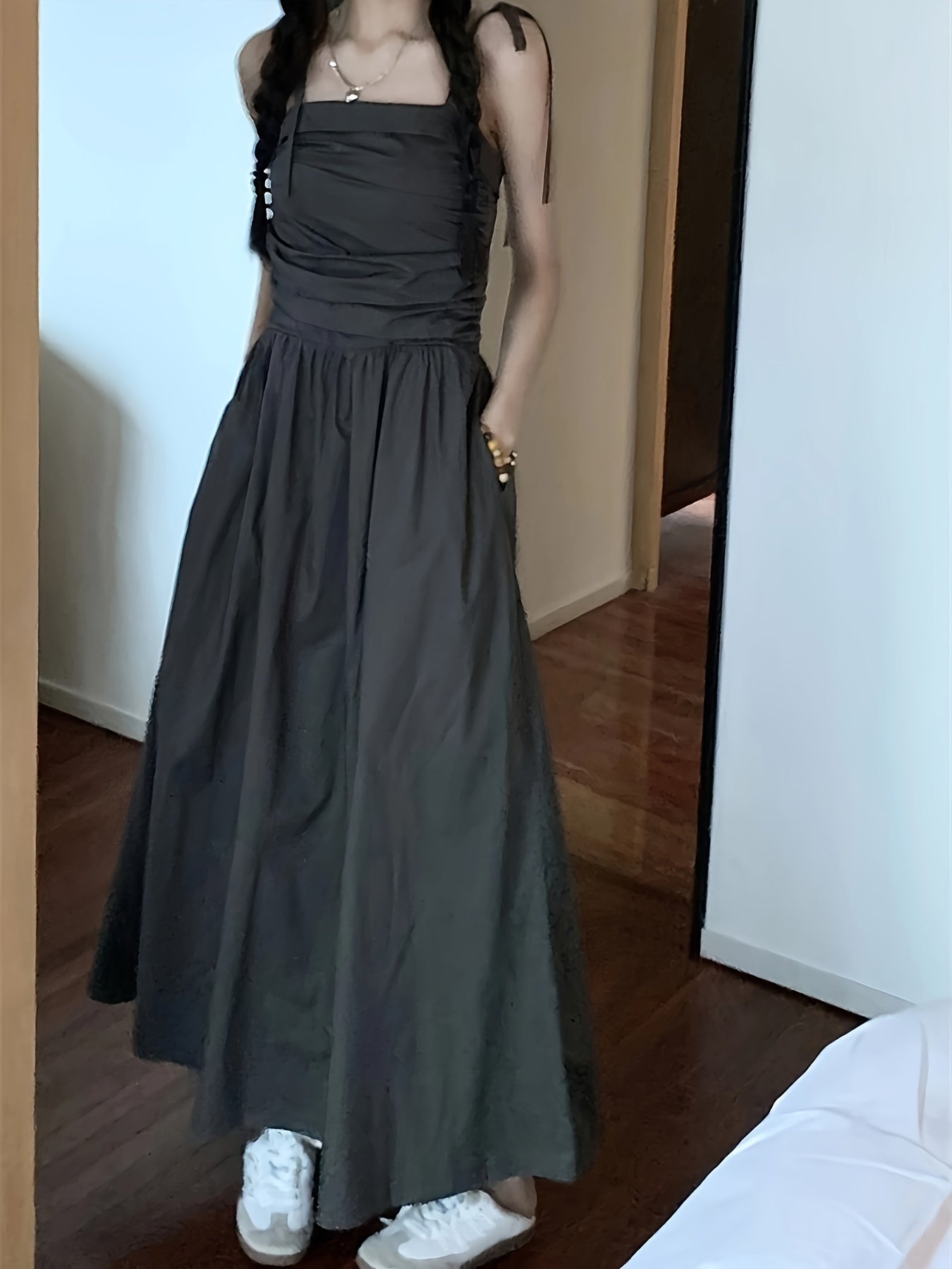 vlovelaw Solid Ruched Cami Dress, Casual Sleeveless Lace Up Maxi Dress, Women's Clothing