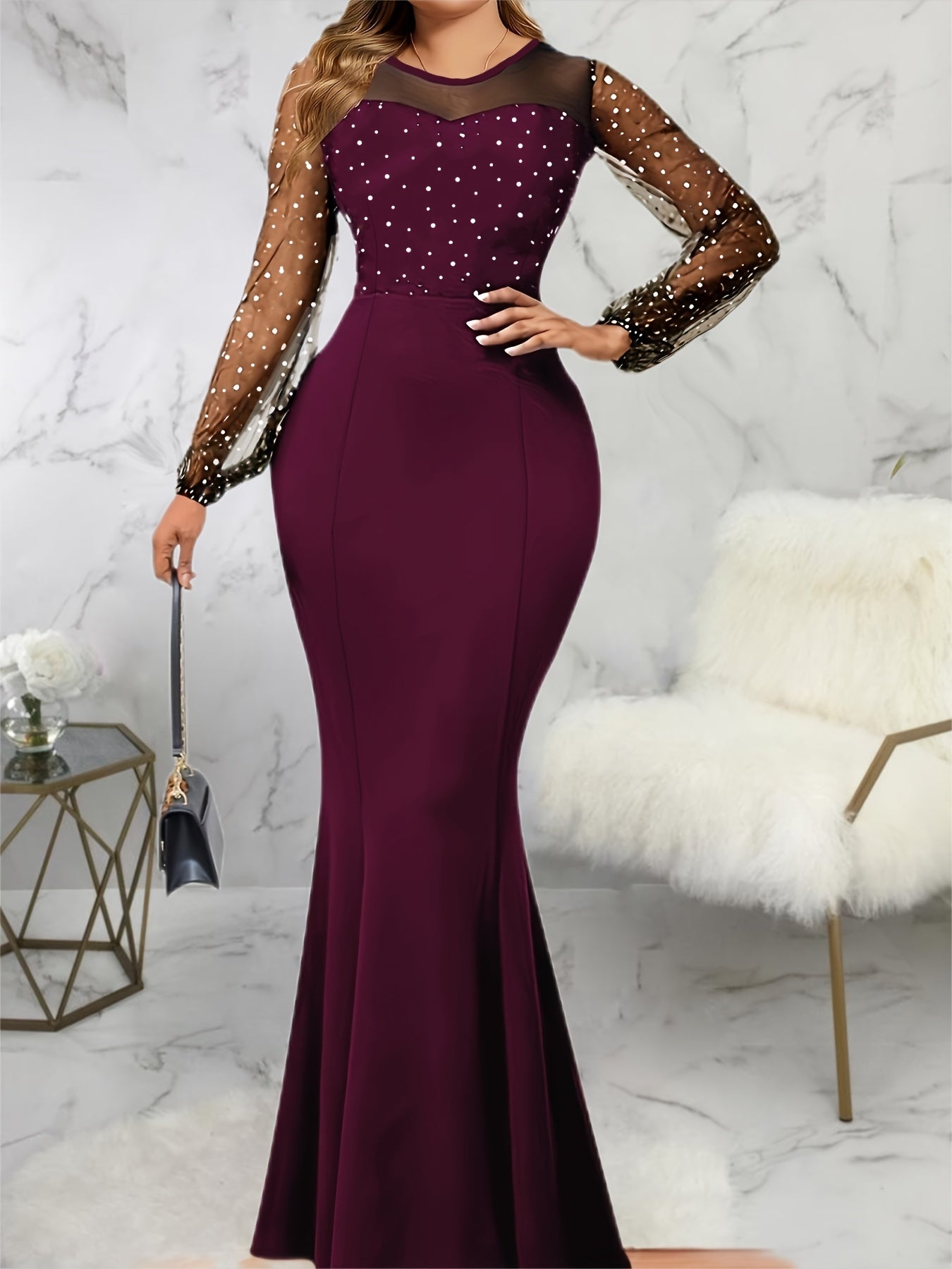 Solid Sheer Sleeve Dress, Elegant Crew Neck Mermaid Bodycon Maxi Party Dress, Women's Clothing