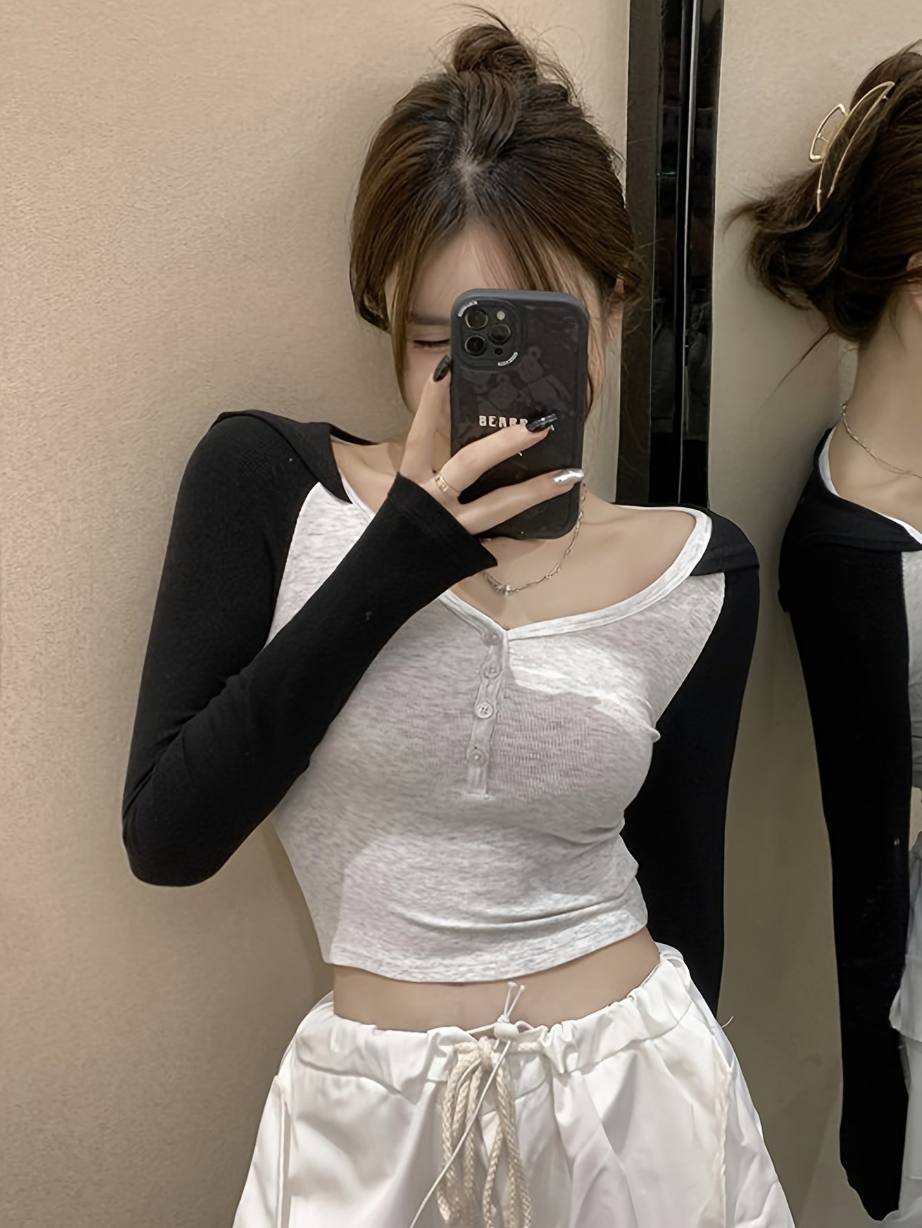 vlovelaw Contrast Trim Button Front T-Shirt, Casual Long Sleeve T-Shirt For Spring & Fall, Women's Clothing