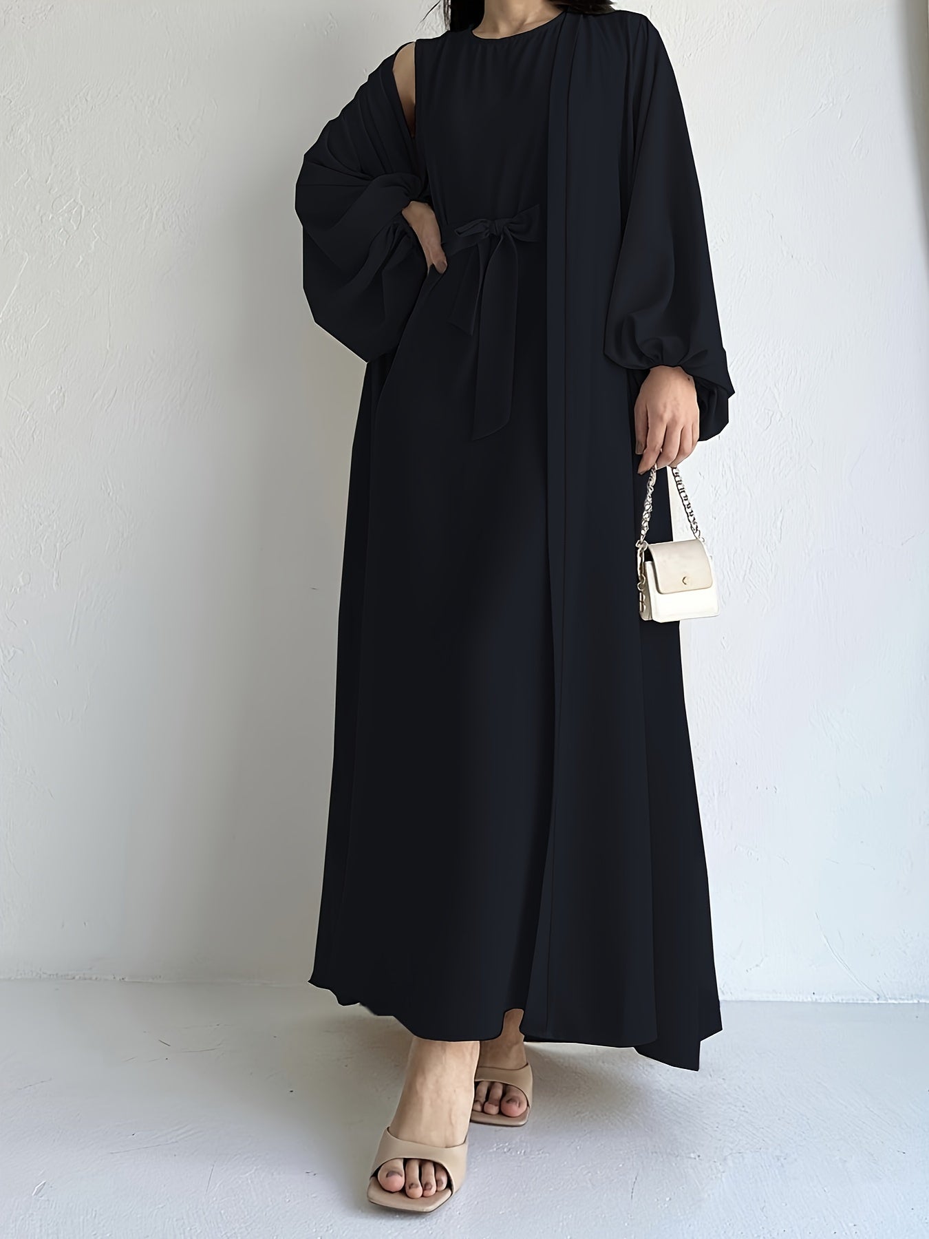 vlovelaw Ramadan Elegant Solid Two-piece Set, Open Front Coverup & Tie Waist Abayas Outfits, Women's Clothing