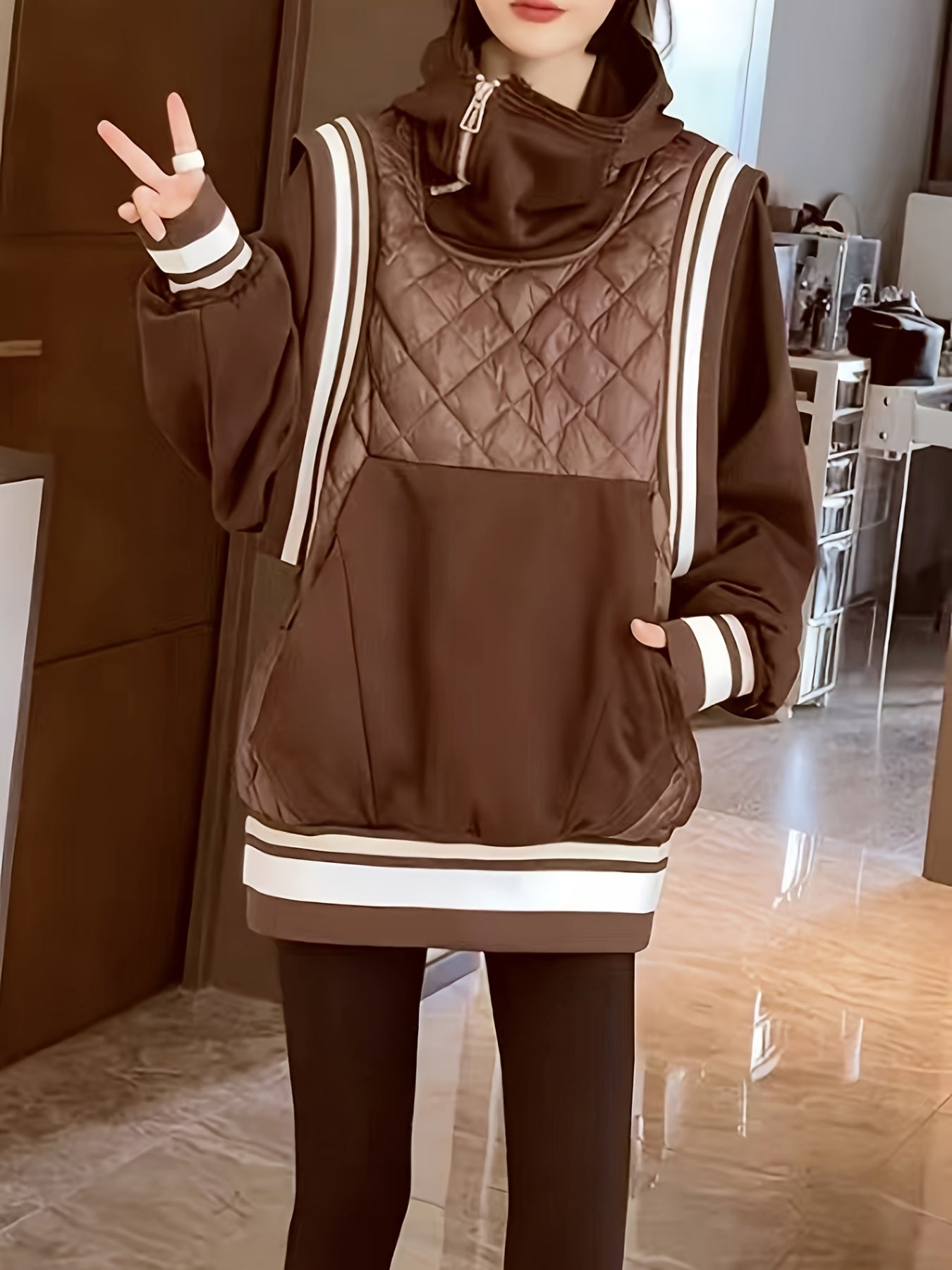 vlovelaw Color Block Cotton-padded Jacket Coat, Casual Long Sleeve Cowl Neck Warm Outwear For Winter, Women's Clothing