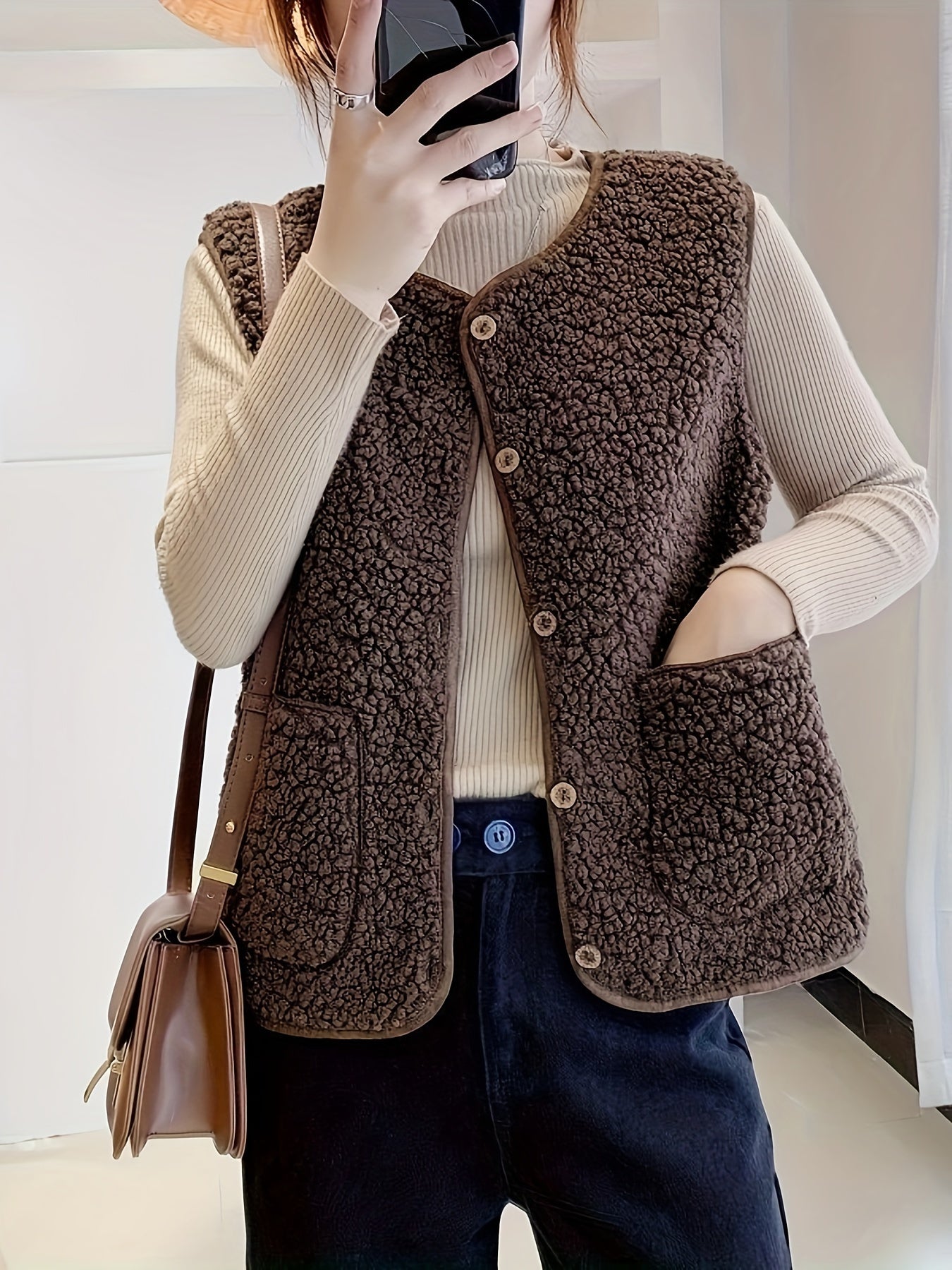 Solid Button Front Vest, Casual Sleeveless Vest With Pockets, Women's Clothing