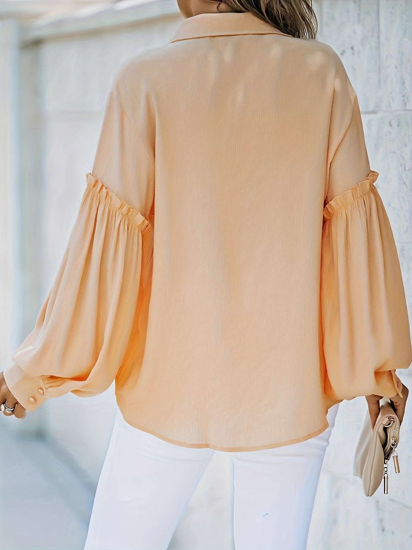 vlovelaw Solid Polo Collar Blouse, Casual Lantern Sleeve Blouse For Spring & Fall, Women's Clothing