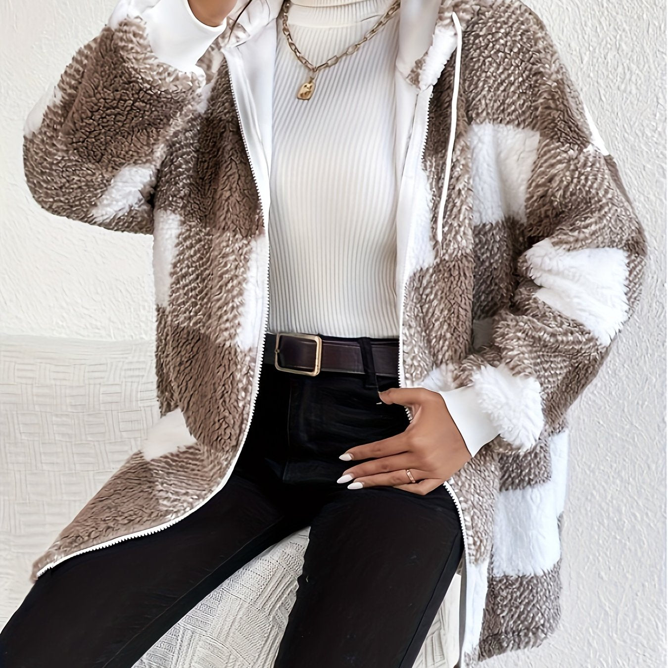 vlovelaw  Plaid Print Teddy Hooded Jacket, Casual Zip Up Drawstring Outerwear, Women's Clothing