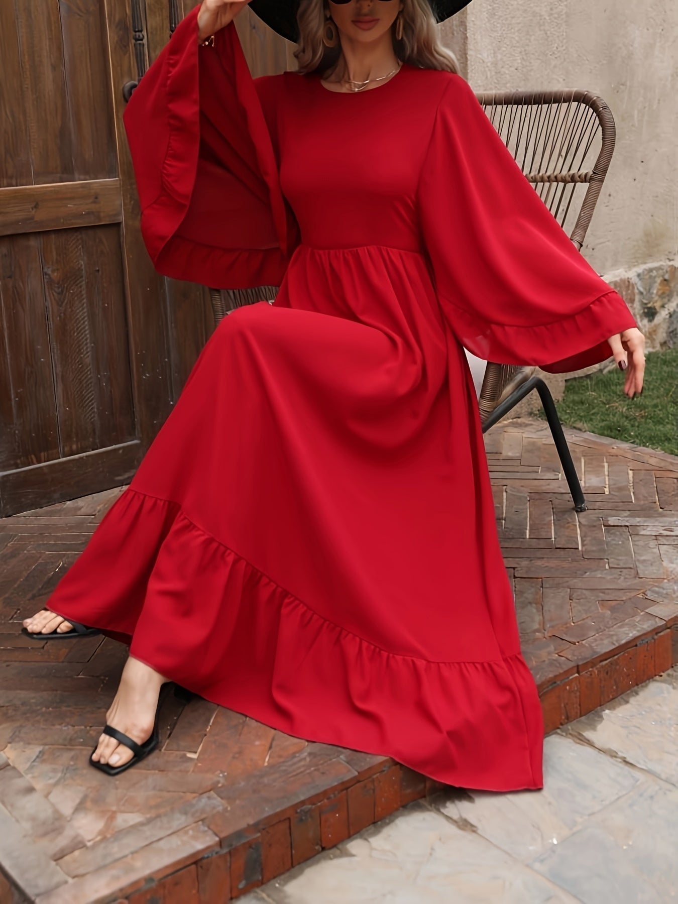 Solid Crew Neck Batwing Sleeve Dress, Cinched Waist Ruffle Hem A-line Dress, Women's Clothing