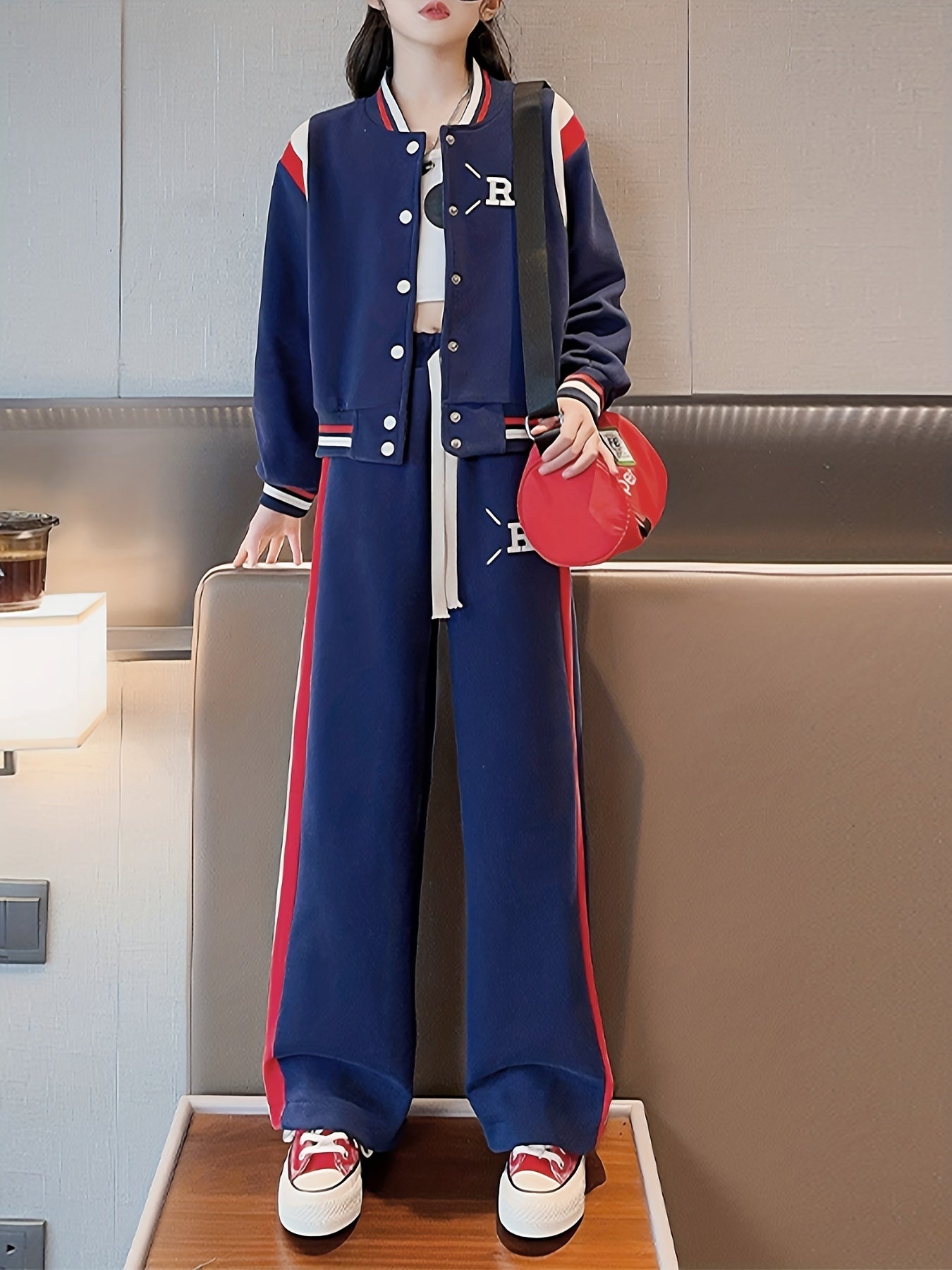 Girl's Sporty Style Outfit 2pcs, Color Clash Varsity Jacket & Wide Leg Pants Set, Kid's Clothes For Spring Fall