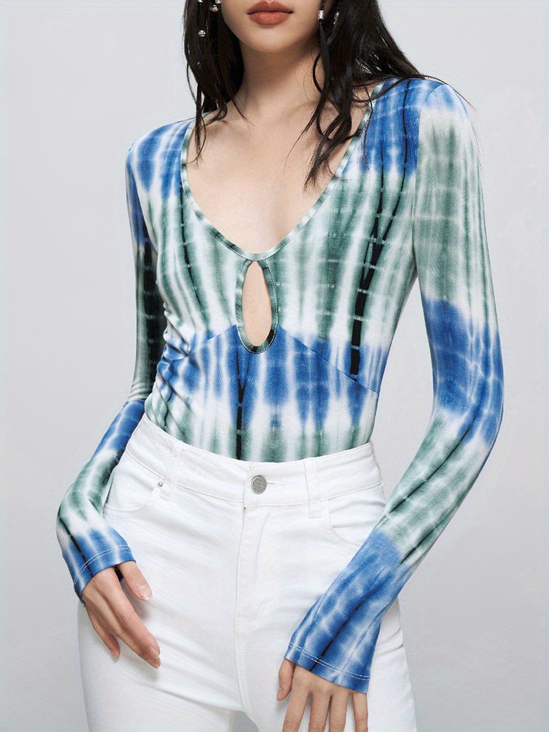 Tie Dye Deep V Neck Bodysuit, Casual Cut Out Long Sleeve Bodysuit, Women's Clothing