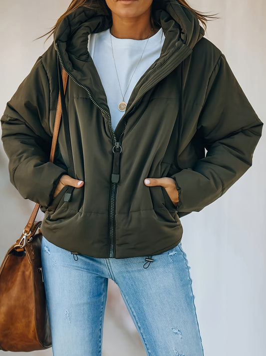 Zip Up Drawstring Coat, Casual Long Sleeve Hooded Winter Outerwear, Women's Clothing