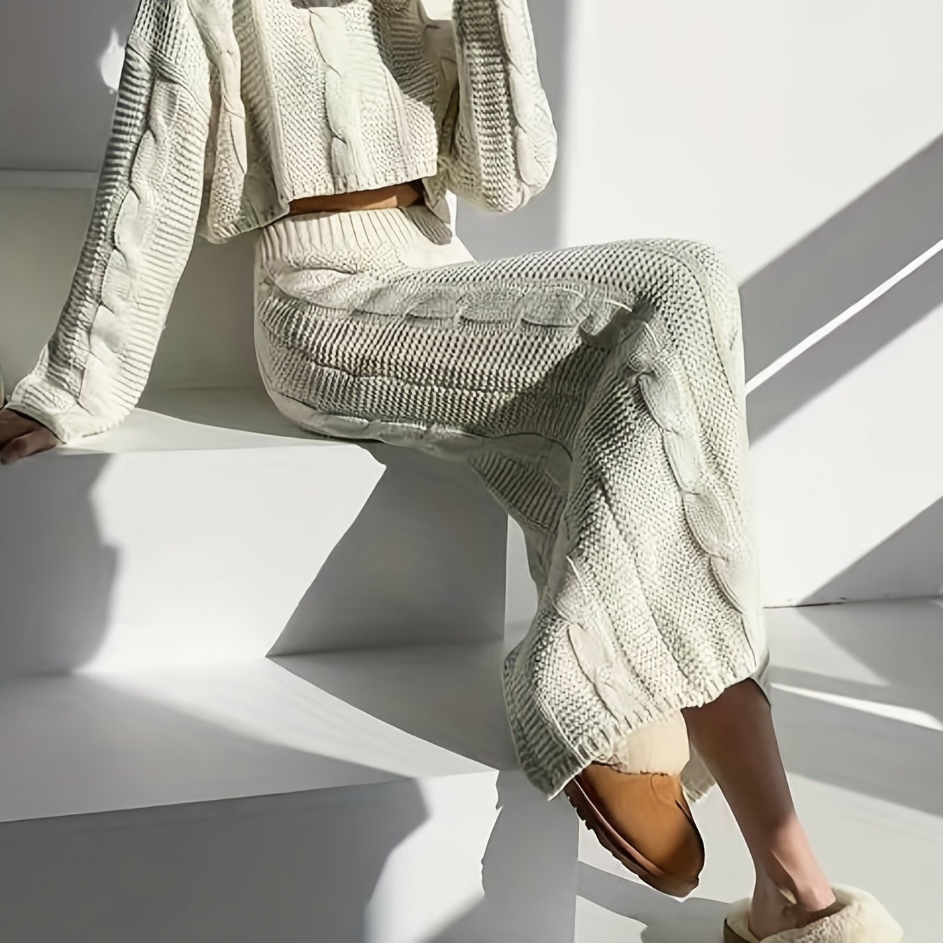 vlovelaw Twist Pattern Knitted Two-piece Set, Long Sleeve Crop Top & Split Maxi Skirt Outfits, Women's Clothing