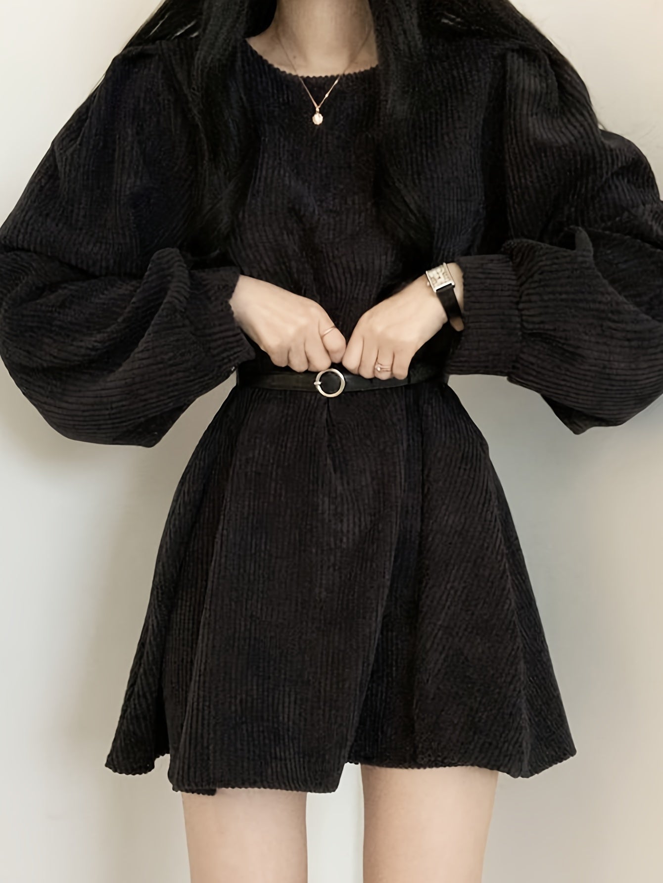 vlovelaw Solid Crew Neck Corduroy Dress, Casual Lantern Sleeve Belt Dress For Spring & Fall, Women's Clothing