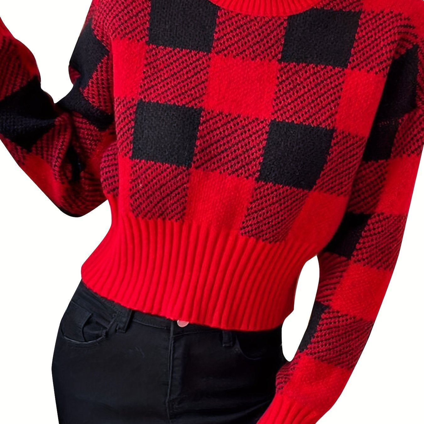 vlovelaw Plaid Crew Neck Pullover Sweater, Casual Long Sleeve Fall Winter Sweater, Women's Clothing