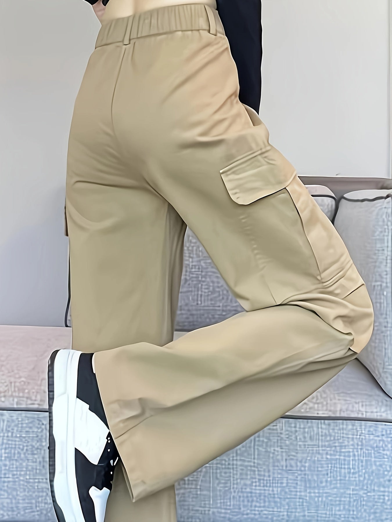 vlovelaw Solid Straight Leg Cargo Pants, Y2K Flap Pocket High Waist Loose Pants, Women's Clothing