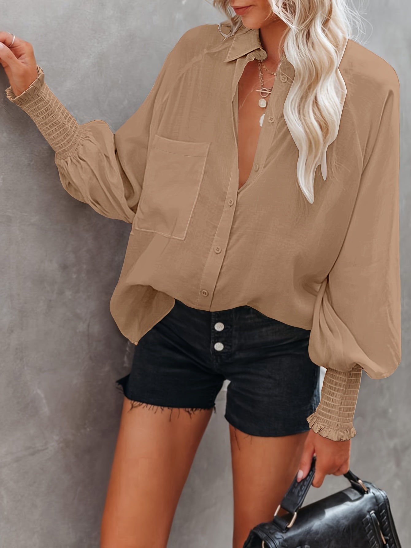 vlovelaw Button Front Pocket Shirred Shirt, Casual Lantern Sleeve Shirt For Spring & Fall, Women's Clothing