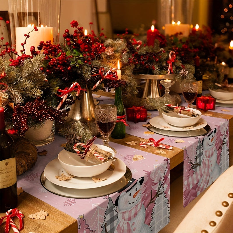 1pc Vibrant Pink Snowman Christmas Table Runner - Long, Farmhouse Style, Snowflake Pattern, Waterproof, Easy to Clean, Perfect for Home Party, Kitchen Dinner, Holiday Table Decoration - Add a Touch of Festive Cheer to Your Celebration
