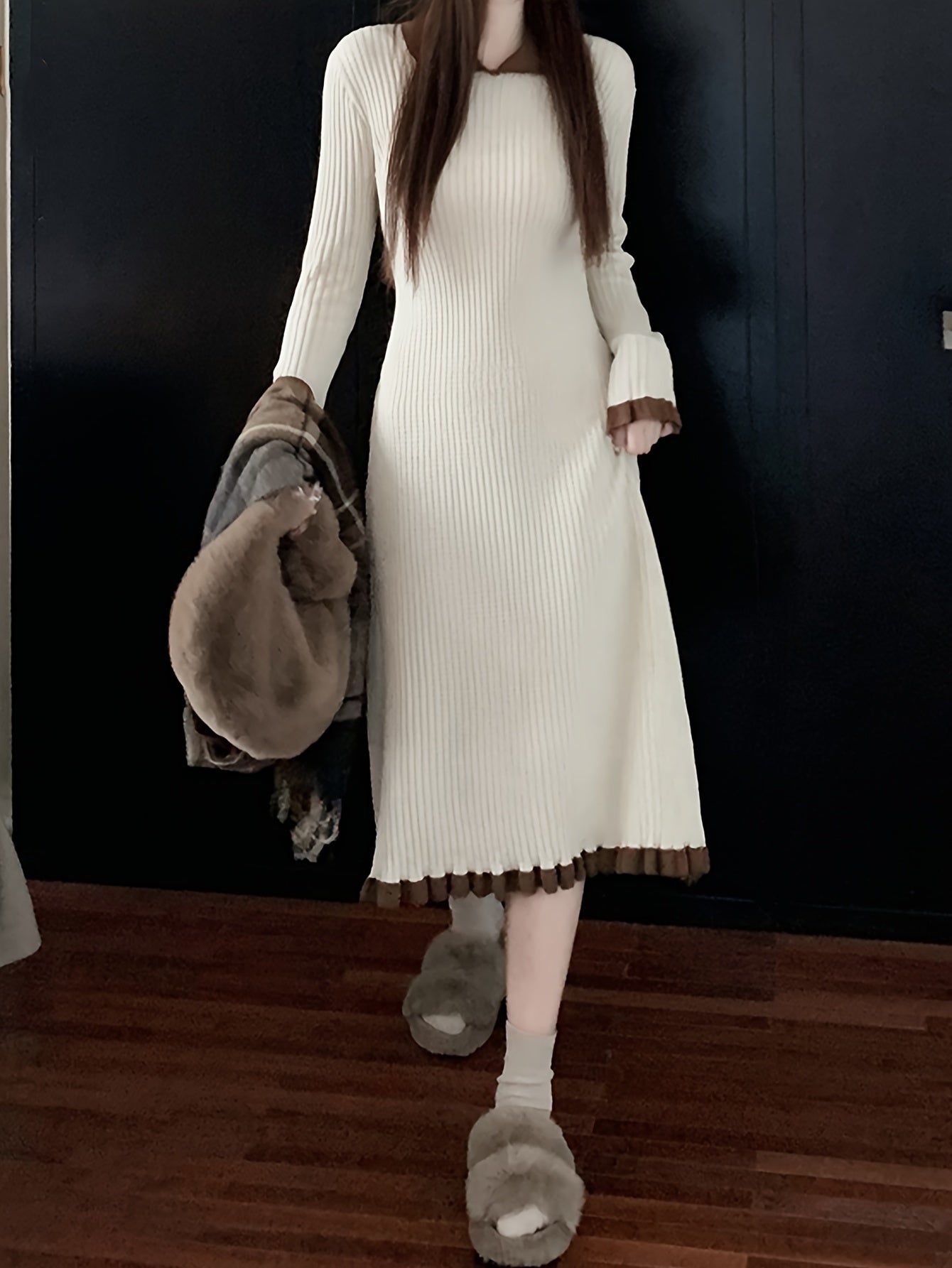 vlovelaw Color Block Ruffle Trim Knit Dress, Chic Long Sleeve V Neck A-line Dress, Women's Clothing