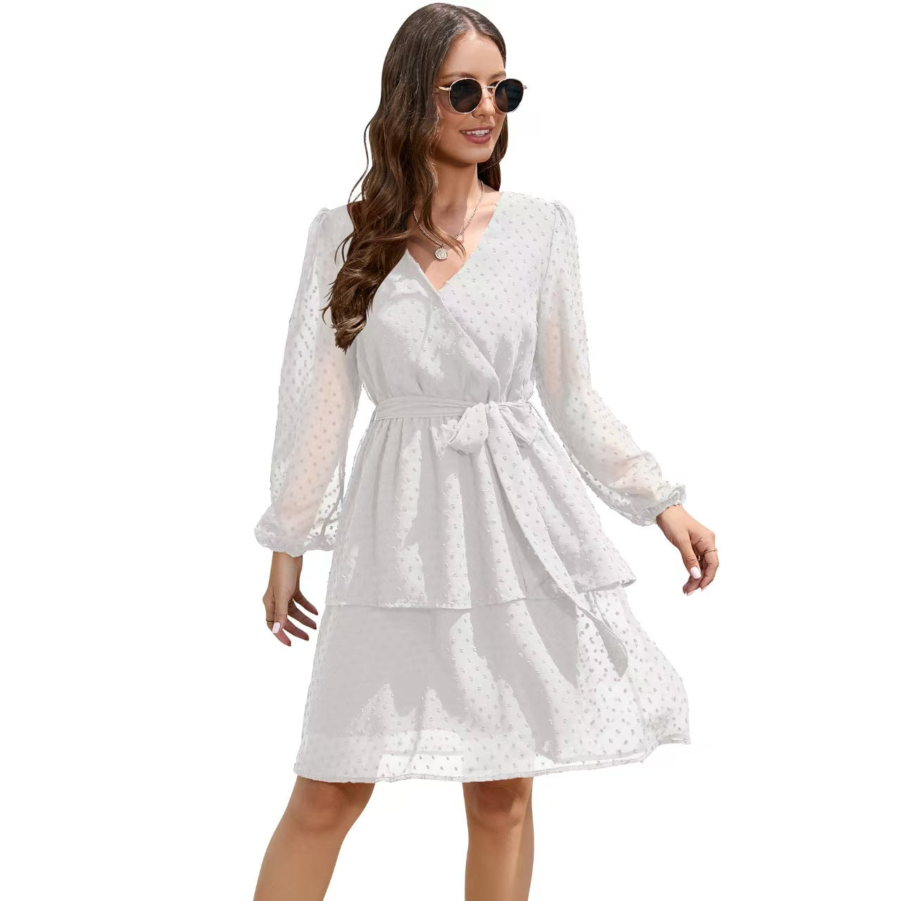 Vlovelaw Swiss Dot V-Neck Dress With Belt(3 Colors)