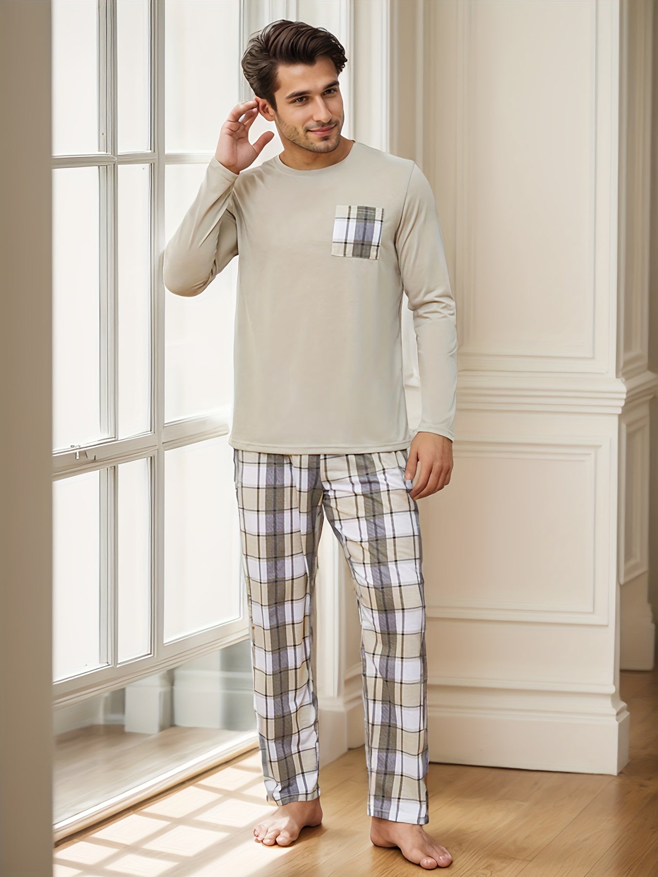 2 Pcs Men's Simple Plaid Pocket Round Neck Long Sleeve & Plaid Trousers Pajama Set, Comfortable & Skin-friendly Style Pajamas For Men's Cozy Loungewear