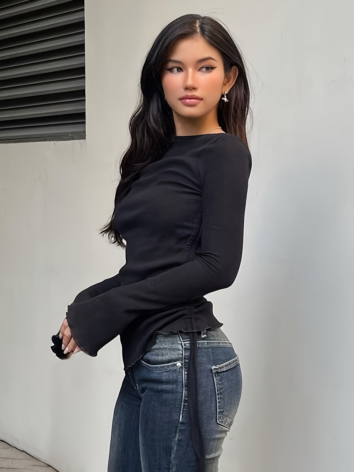 Solid Crew Neck T-shirt, Casual Long Sleeve Ruched Top For Spring & Fall, Women's Clothing