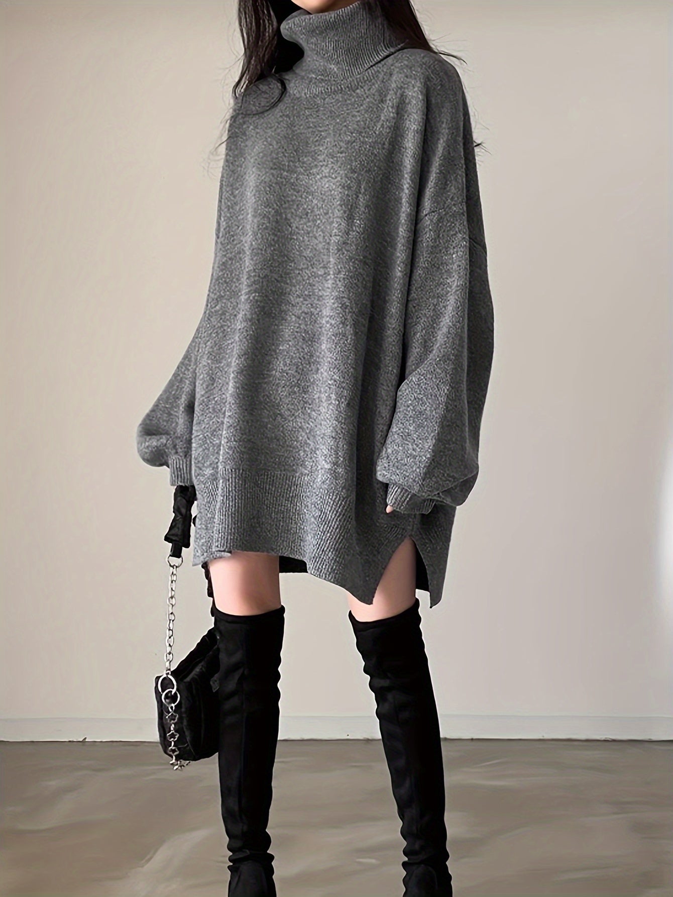 vlovelaw Solid Turtle Neck Oversized Sweater, Casual Long Sleeve Split Sweater, Women's Clothing