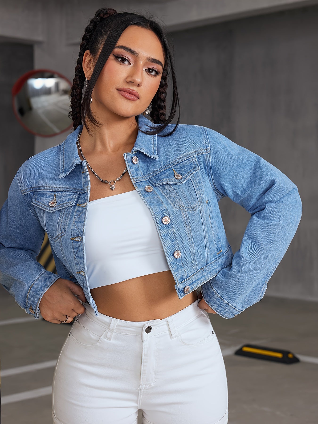 vlovelaw  Blue Long Sleeves Denim Jackets, Single Breasted Button Lapel Crop Denim Coats, Women's Denim Clothing