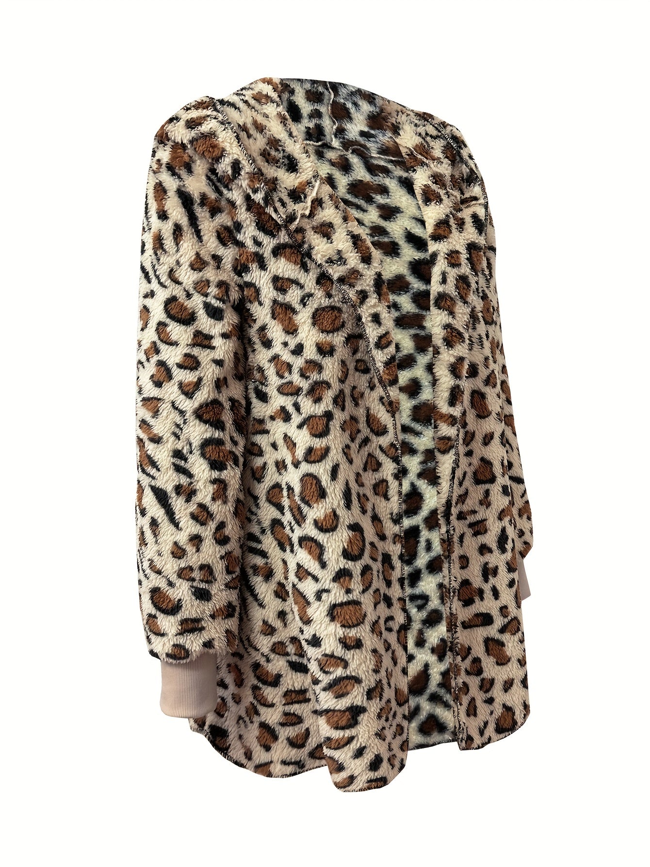 Leopard Pattern Hooded Jacket, Casual Open Front Long Sleeve Warm Outerwear, Women's Clothing
