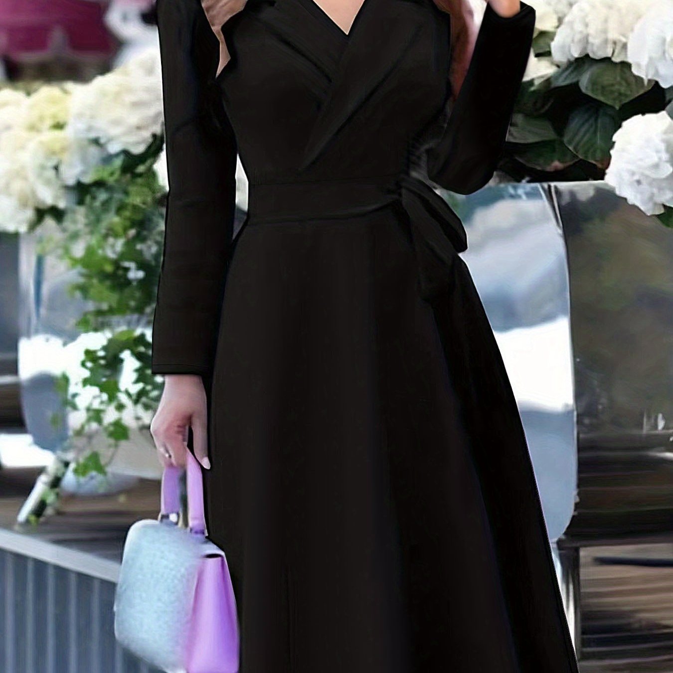 Solid V Neck Belted Dress, Casal Long Sleeve Dress For Spring & Fall, Women's Clothing