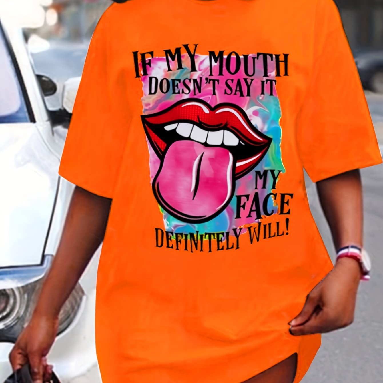 Lips Print Mini Tee Dress, Short Sleeve Crew Neck Casual Dress For Summer & Spring, Women's Clothing