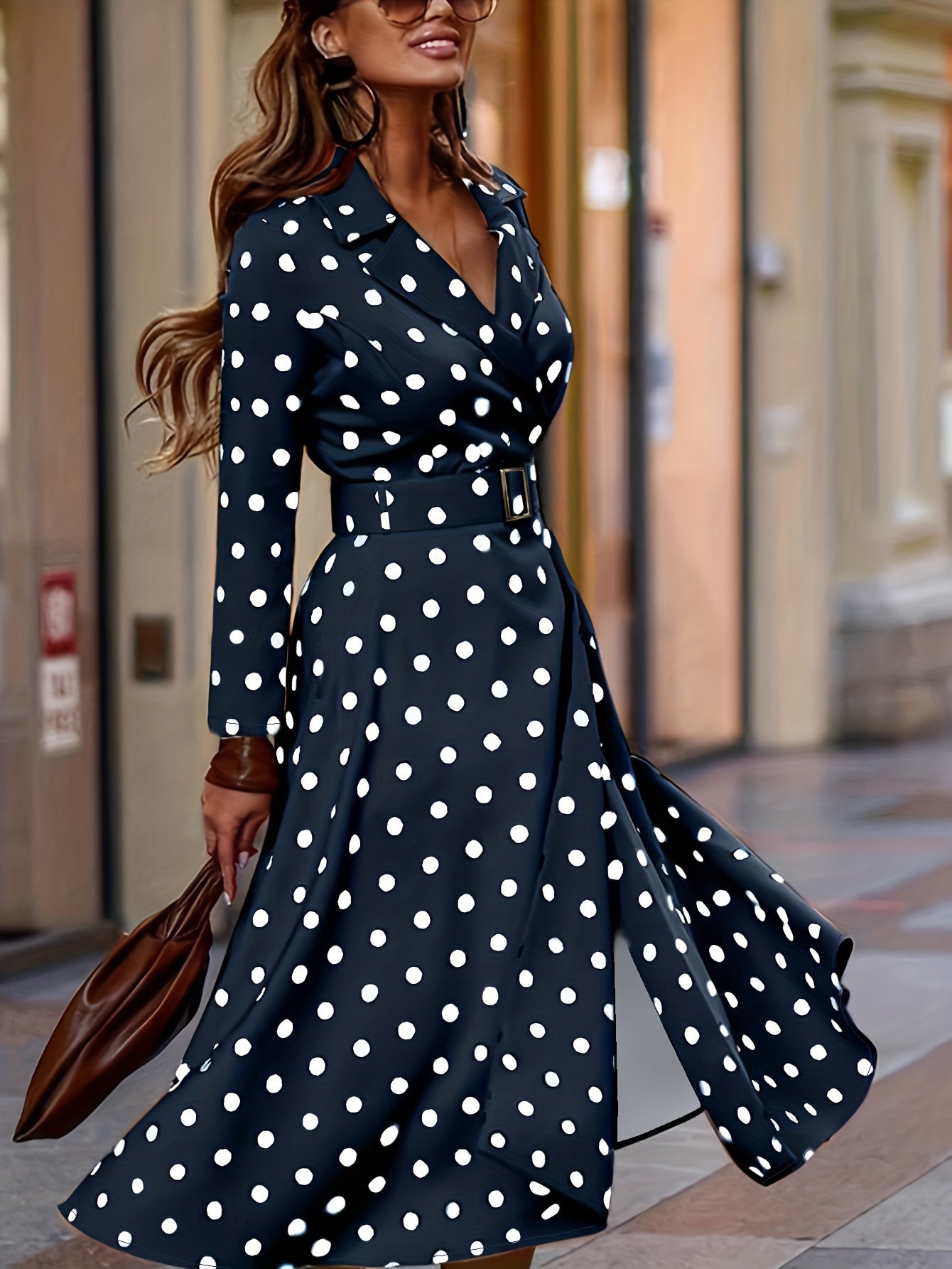 vlovelaw Plus Size Elegant Dress, Women's Plus Polka Dot Print Long Sleeve Lapel Collar Nipped Waist Dress
