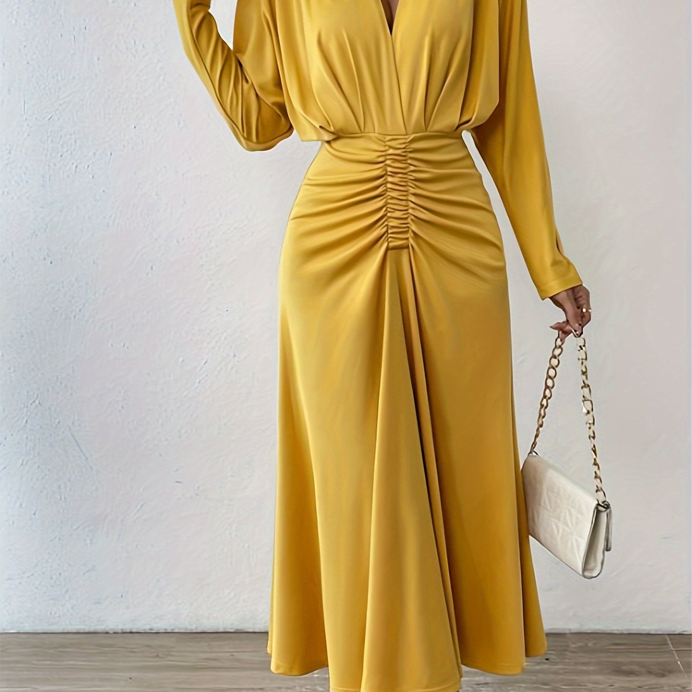 Ruched Solid Maxi Dress, Elegant V Neck Long Sleeve Dress, Women's Clothing