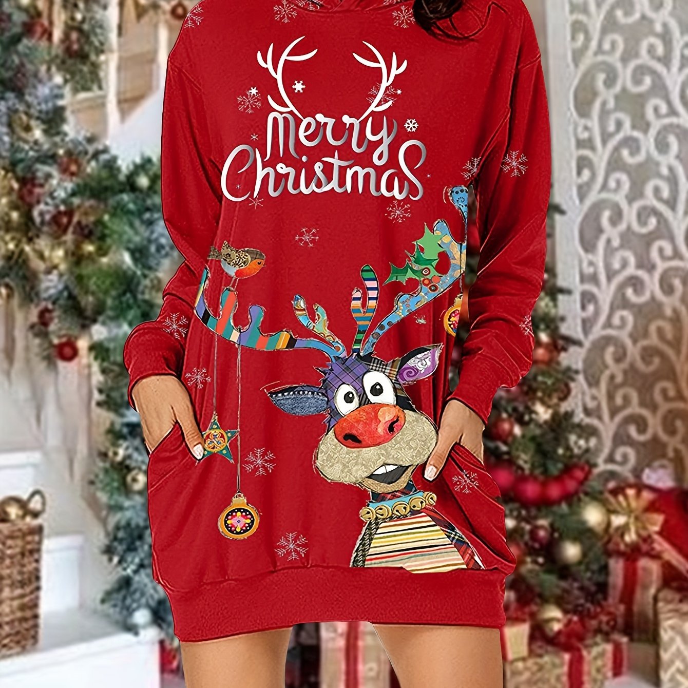 vlovelaw Christmas Print Casual Hoodie Dress Long Sleeve Hooded Dress
