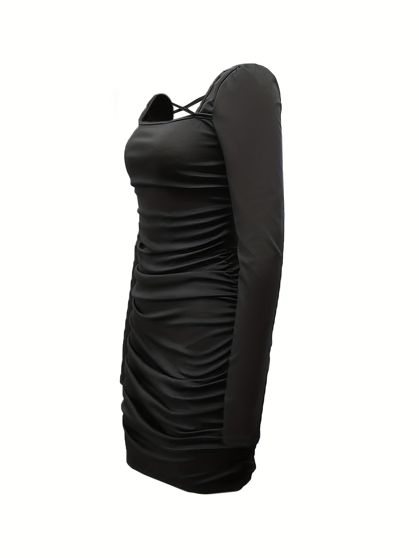 vlovelaw Backless Ruched Dress, Sexy Squared Neck Long Sleeve Bodycon Dress, Women's Clothing