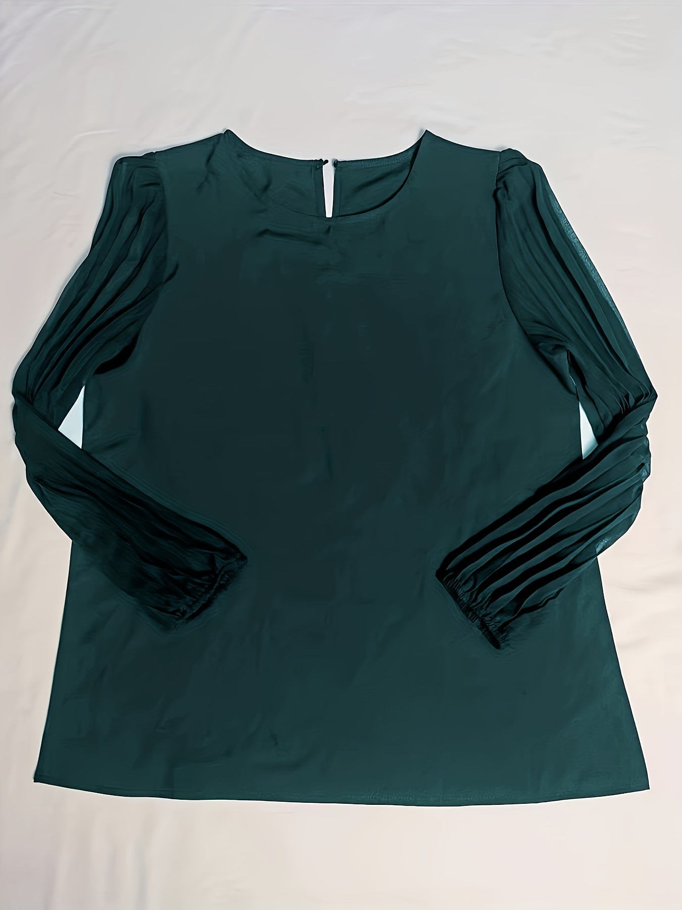 vlovelaw Solid Pleated Blouse, Elegant Crew Neck Long Sleeve Work Office Blouse, Women's Clothing