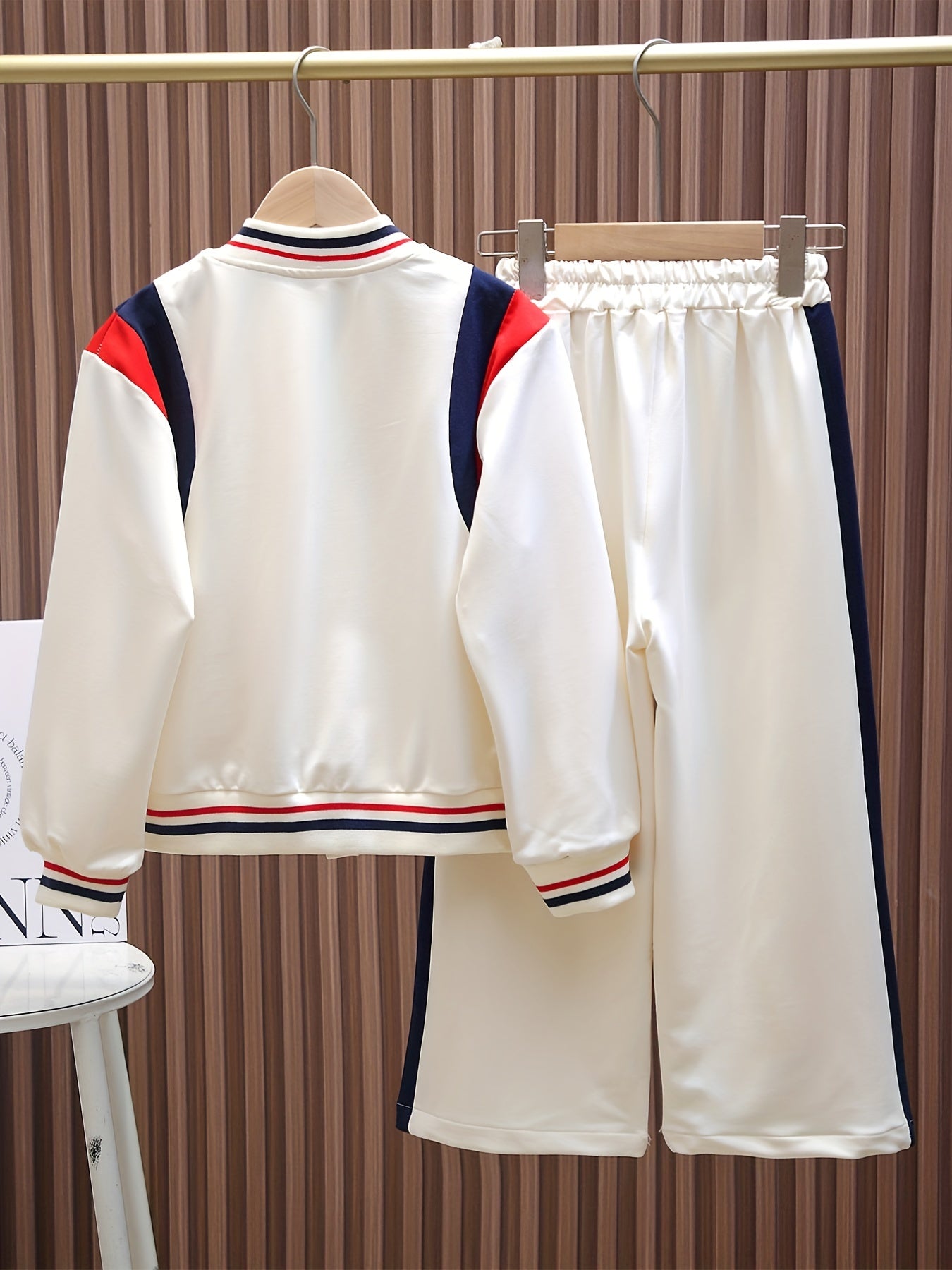 Girl's Sporty Style Outfit 2pcs, Color Clash Varsity Jacket & Wide Leg Pants Set, Kid's Clothes For Spring Fall