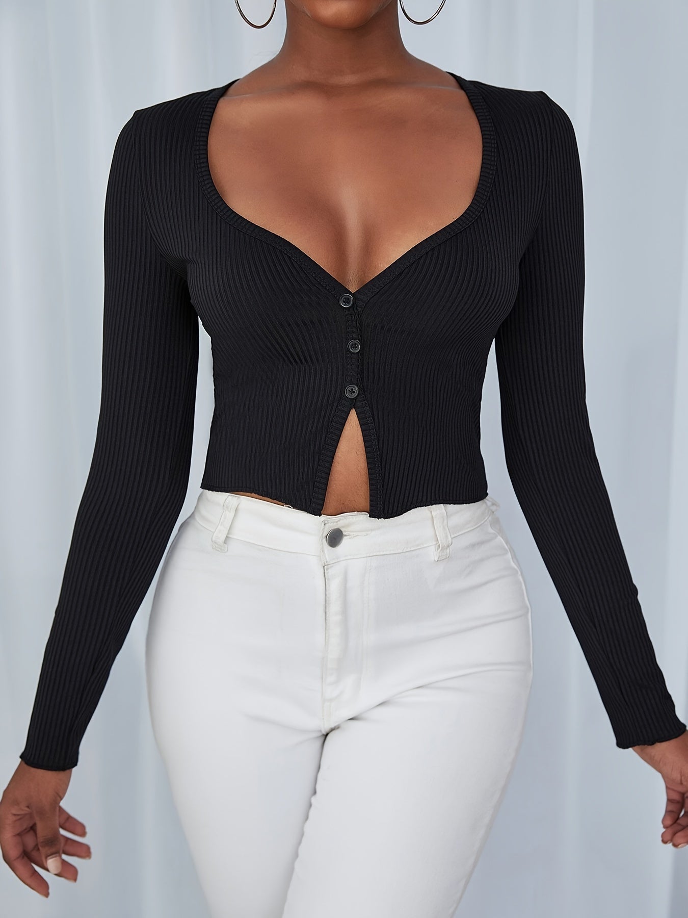 vlovelaw Solid Rib-knit Button Up T-shirt, Casual Long Sleeve Top For Spring & Fall, Women's Clothing