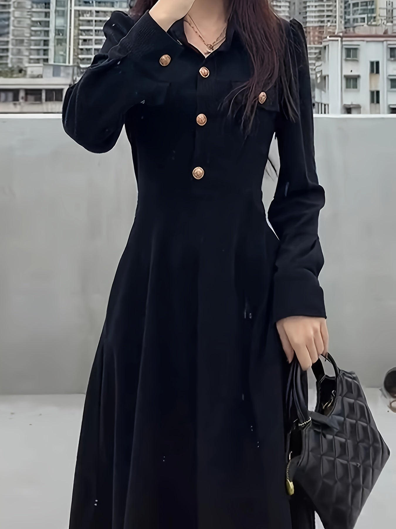 vlovelaw Single Breasted V-neck Slim Dress, Elegant Puff Sleeve Vintage Dress For Spring & Fall, Women's Clothing