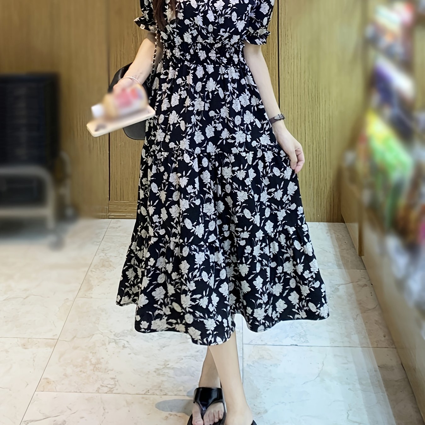 Floral Print V Neck Dress, Casual Puff Sleeve Shirred Waist Dress, Women's Clothing