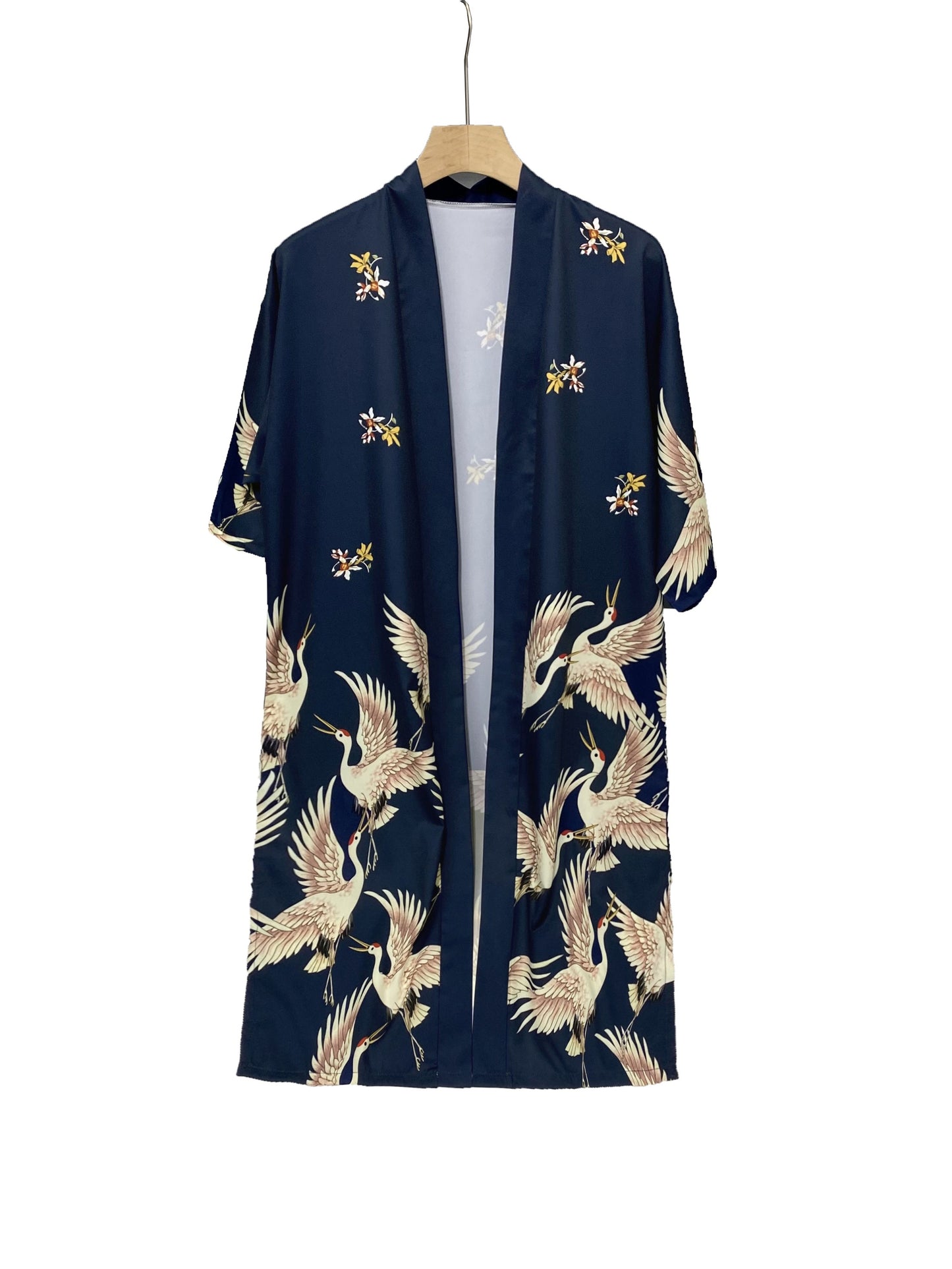 vlovelaw Crane Print Split Kimono, Elegant Open Front Long Sleeve Coat For Spring & Fall, Women's Clothing