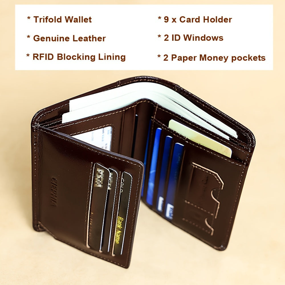1pc Vintage-Style Top Grain Cowhide Leather Wallet - RFID Blocking, Slim Bifold, Multifunctional Trifold, 9 Card Slots, 2 Cash Compartments, Retro Wax Finish, Solid Color, Non-Braided Weaving, Perfect Gift for Him