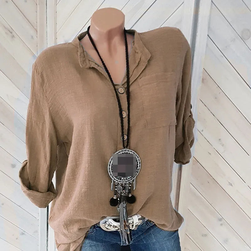 Womens Blouses Shirts Oversized Women Cotton Linen Blouse Autumn Casual Long Sleeve Button V Neck Loose Shirt Lady Tops 230519