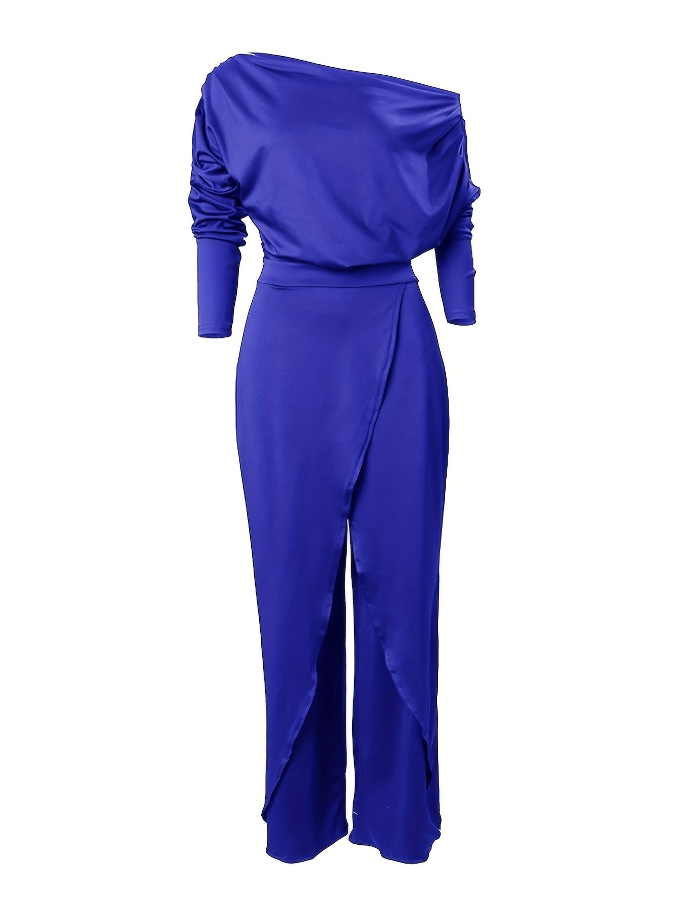 Ruched Split Jumpsuit, Casual Solid Long Sleeve Wide Leg Jumpsuit, Women's Clothing