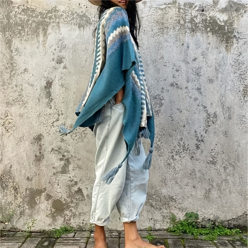 vlovelaw Bohemia Elegant Stretch Shawl Multi-color Striped Knitted Tassel Shawl Casual Warm Travel Outwear Wrap