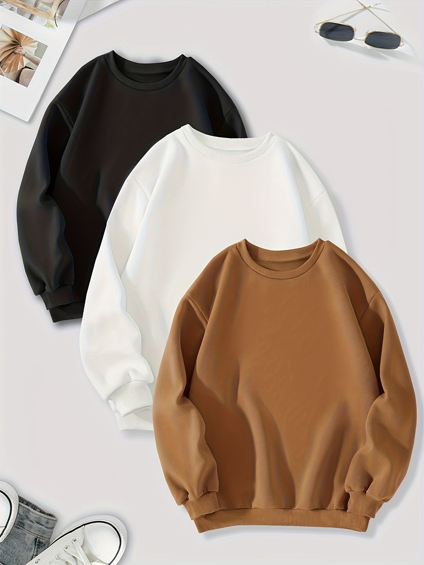 vlovelaw 3 Packs Mixed Color Pullover Sweatshirts, Casual Long Sleeve Crew Neck Sweatshirt, Women's Clothing