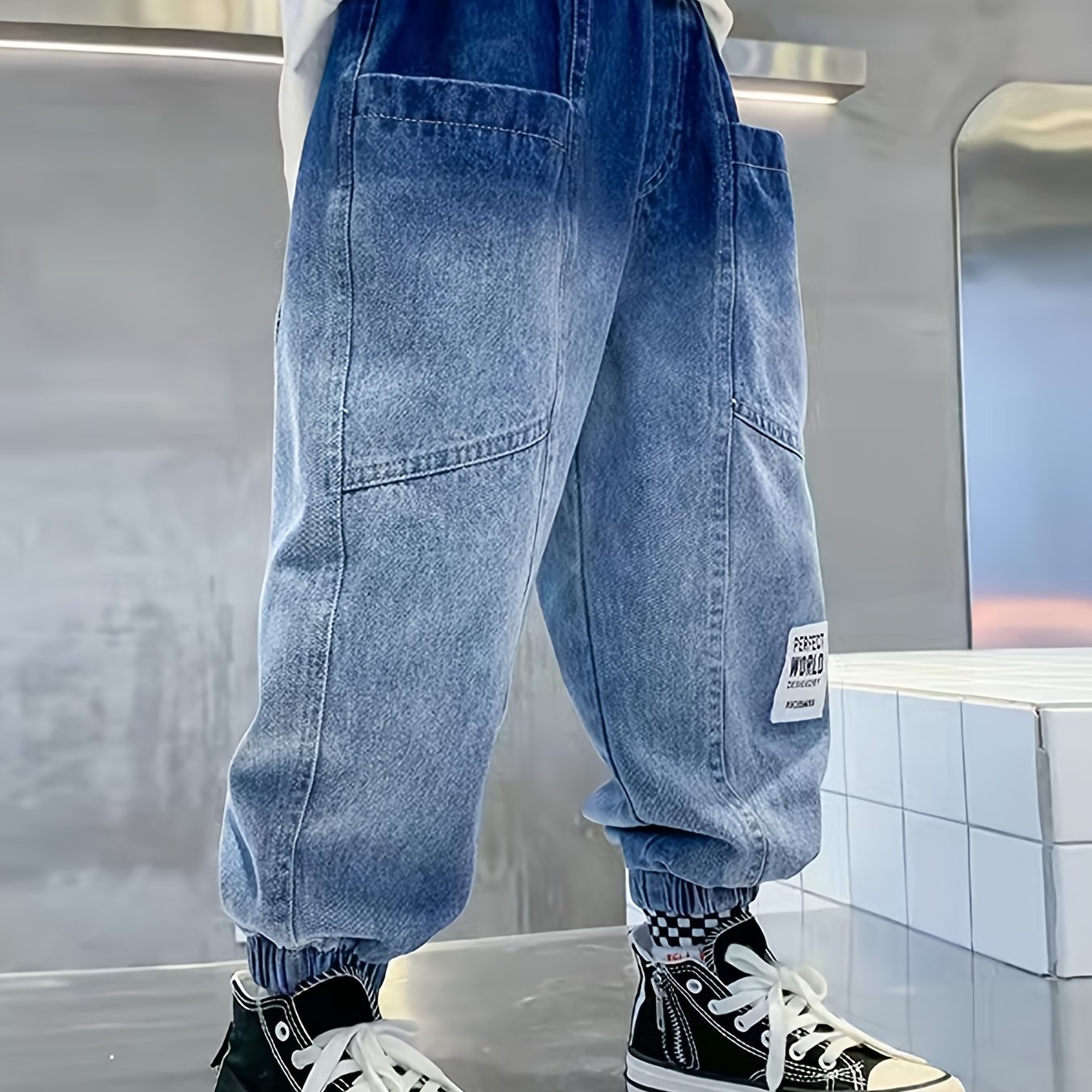 Boys Tapered Cargo Denim Jeans With Elastic Waistband Kids Clothes