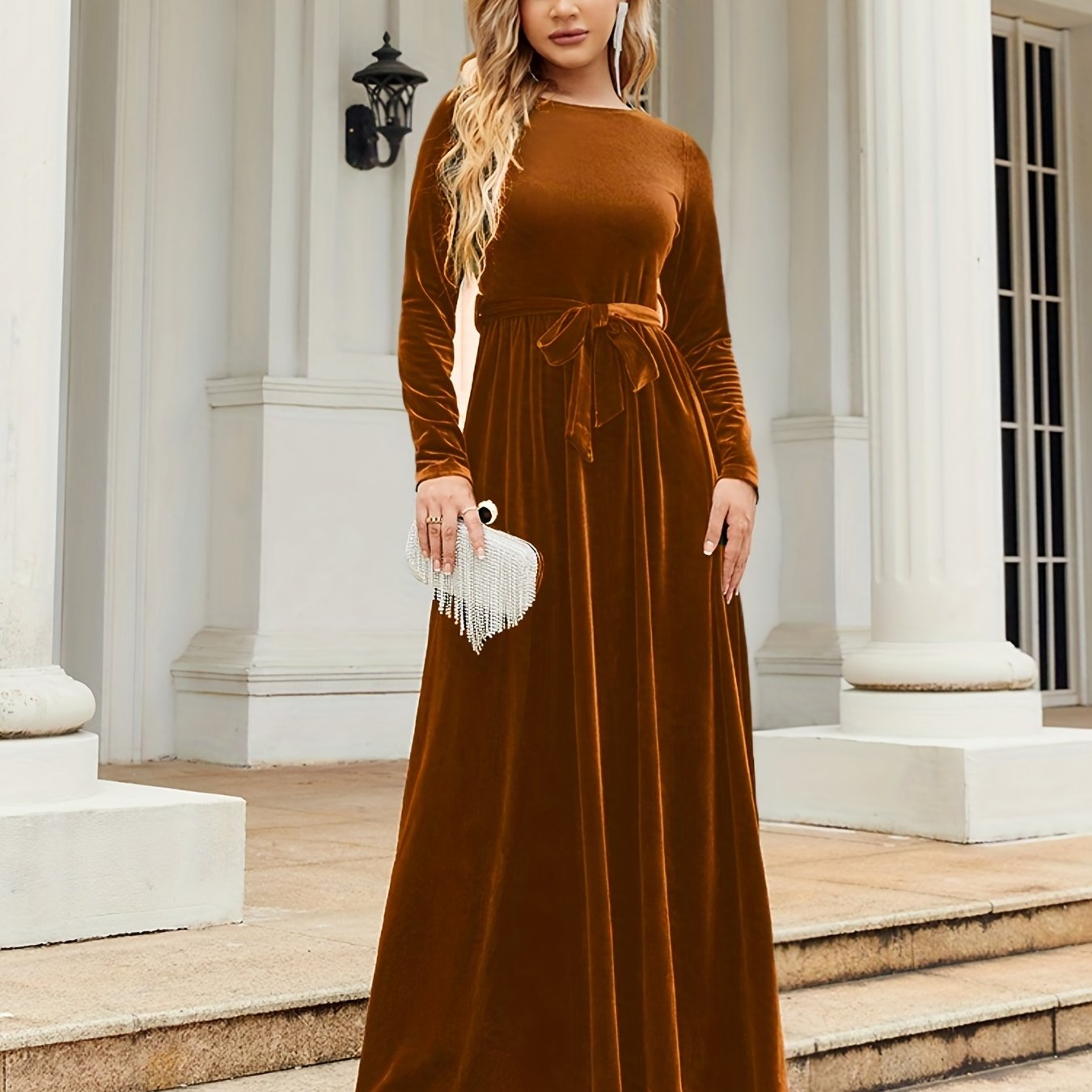 Solid Belted Ankle Dress, Elegant Boat Neck Long Sleeve Dress, Women's Clothing