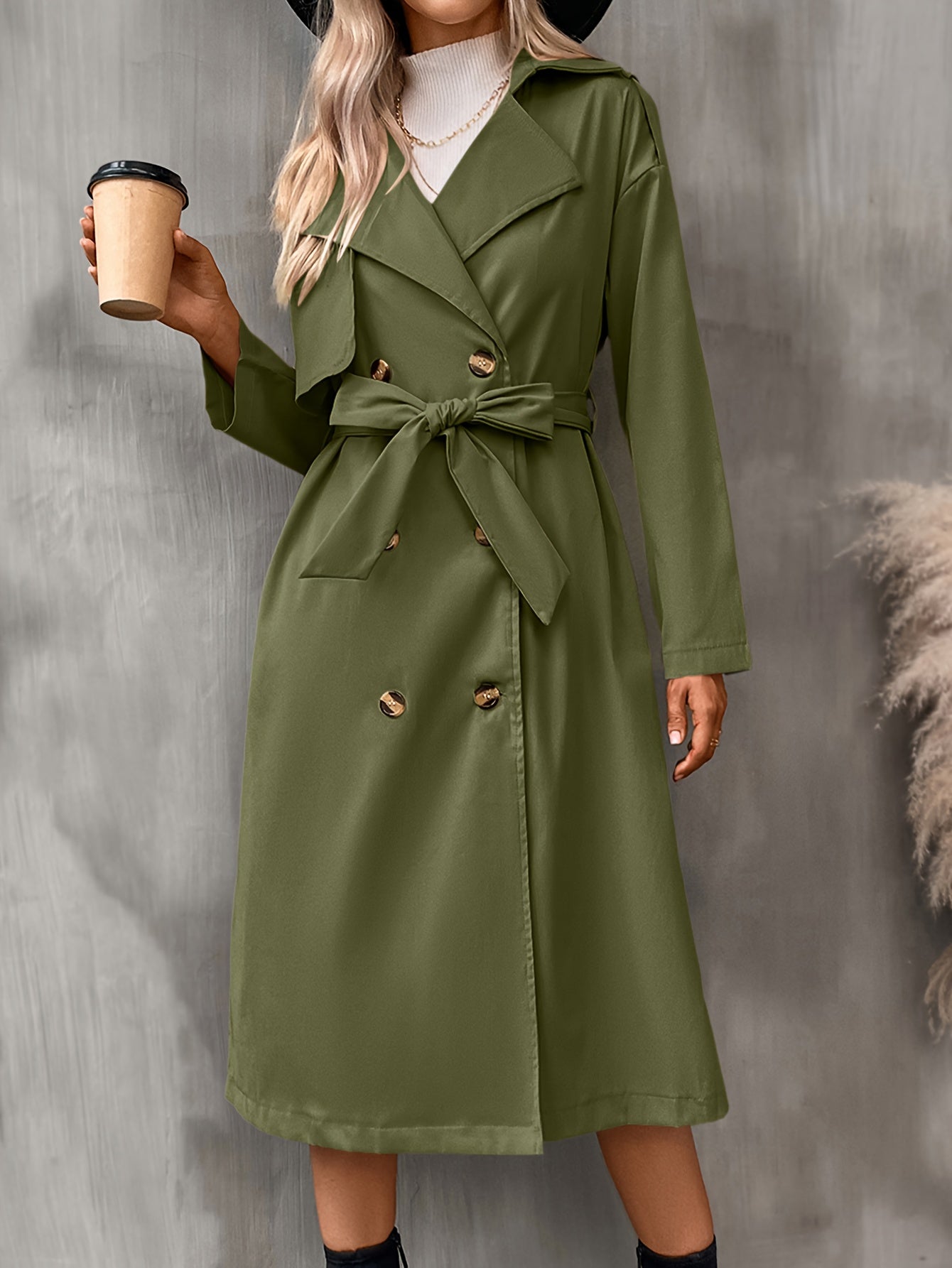 vlovelaw Double Breasted Belted Trench Coat, Vintage Solid Lapel Drop Shoulder Overcoat, Women's Clothing