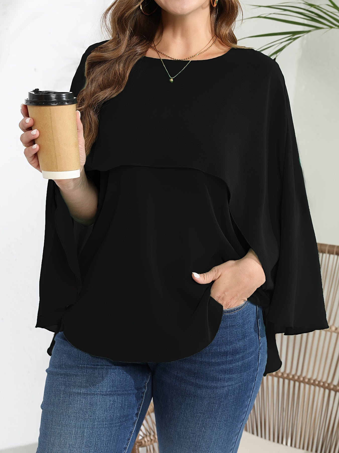 vlovelaw Plus Size Elegant Blouse, Women's Plus Solid Layered Mesh Batwing Sleeve Round Neck Shirt Top